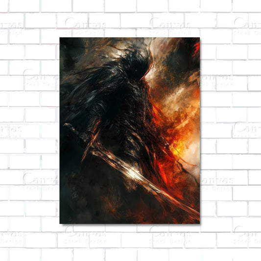 Dark knight in armor holding sword – fantasy warrior canvas wall art