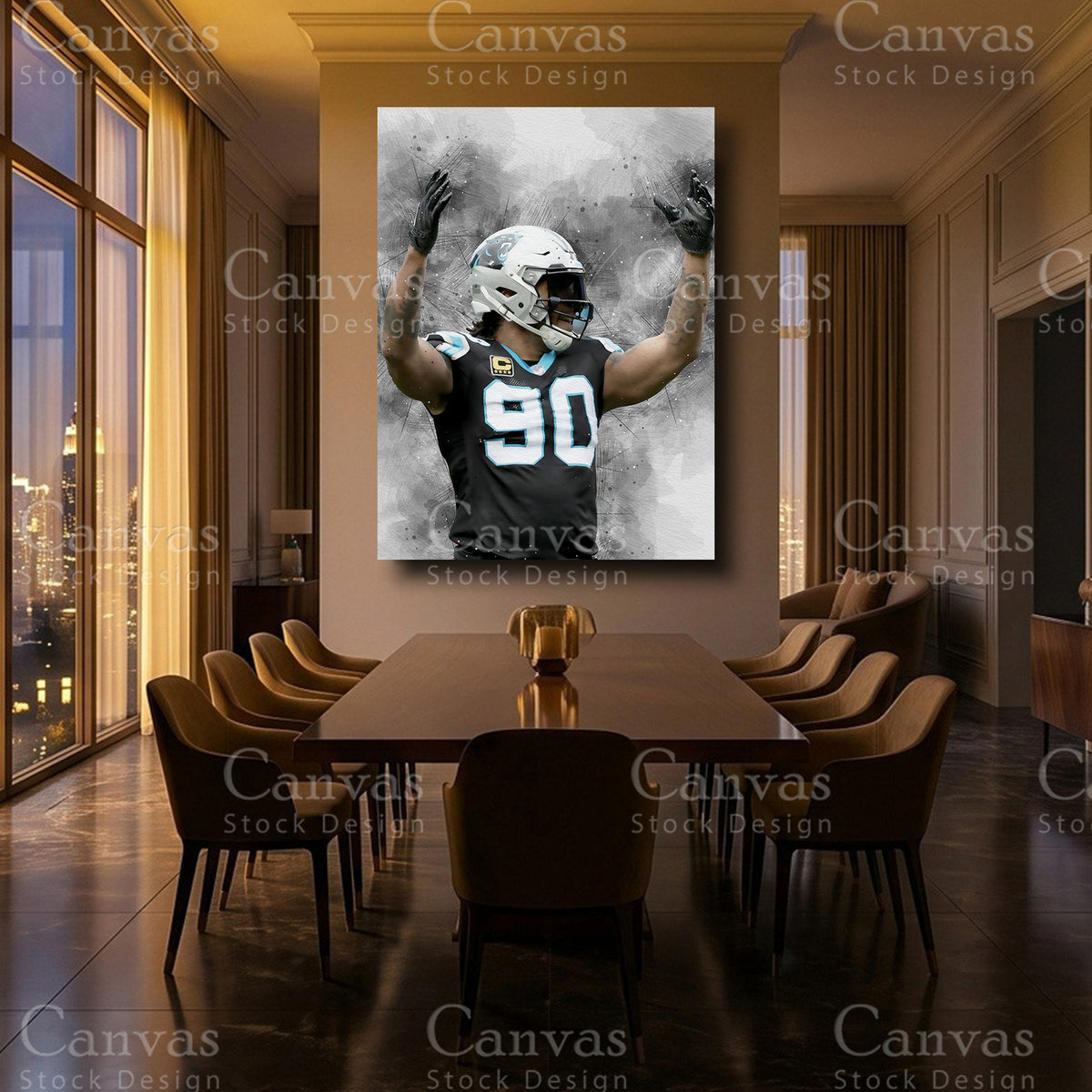 Defensive football player artwork inspired by Julius Peppers