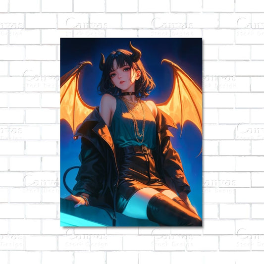 Anime demon girl with horns and glowing eyes – gothic fantasy canvas wall art for anime lovers