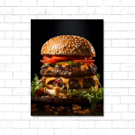 Double cheeseburger stacked with beef patties and cheese – fast food canvas wall art