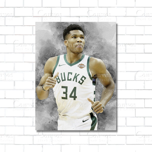 Giannis Antetokounmpo canvas wall art – Milwaukee Bucks NBA basketball poster print for home or office decor