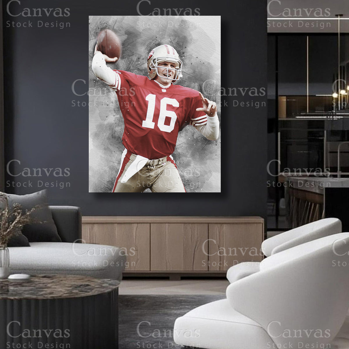 Joe Montana sports print for a football memorabilia display