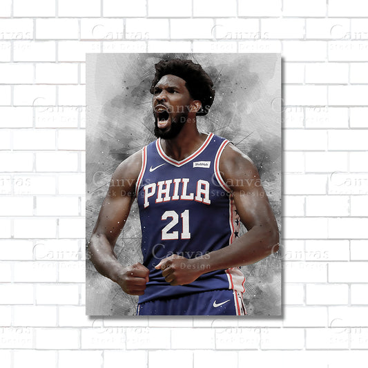 Joel Embiid NBA basketball canvas wall art – Philadelphia 76ers poster print for fan rooms and man caves