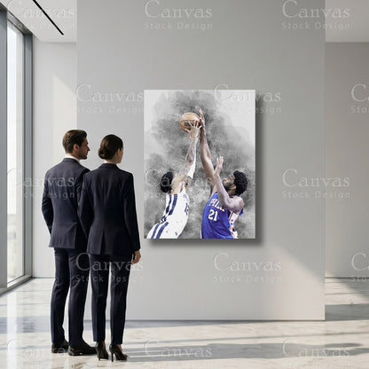 Luxury basketball canvas featuring Joel Embiid and Ja Morant