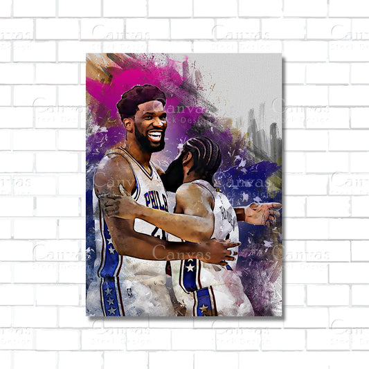 Joel Embiid and James Harden Philadelphia 76ers NBA canvas wall art – basketball poster print for sports rooms and fan decor