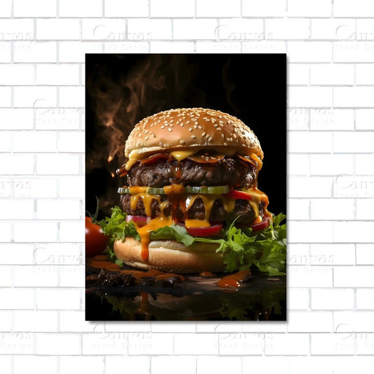 Double cheeseburger stacked with toppings – gourmet food canvas wall art

