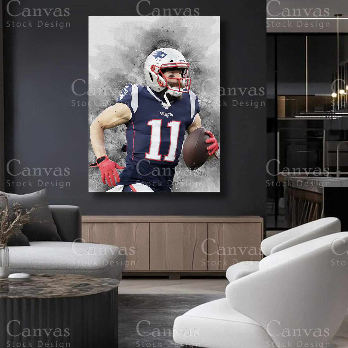 Julian Edelman wall decor for a modern sports office
