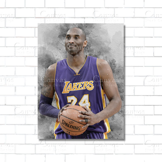 Canvas print of a basketball player in a Lakers jersey holding a ball against a white brick wall.