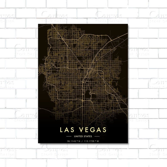 Las Vegas city map gold canvas wall art – metallic gold street map design for modern interiors