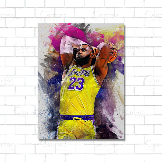 Canvas print of a basketball player in a yellow jersey with colorful abstract background on a white brick wall.