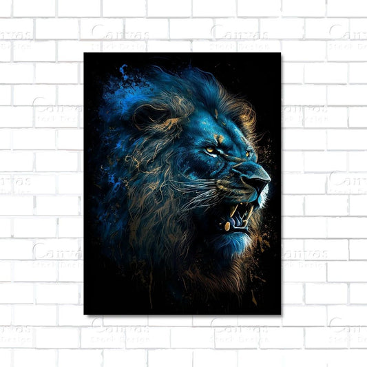 Artistic depiction of a lion's head on a black background with blue and orange accents, displayed against a white brick wall.