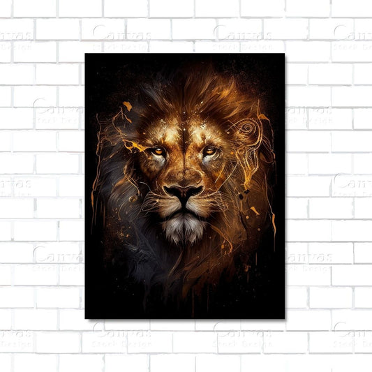 Framed artwork of a lion's face on a white brick wall background