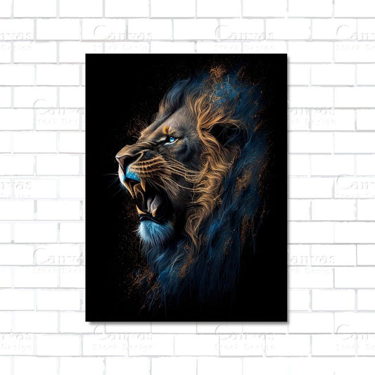Framed artwork of a lion's head on a white brick wall background