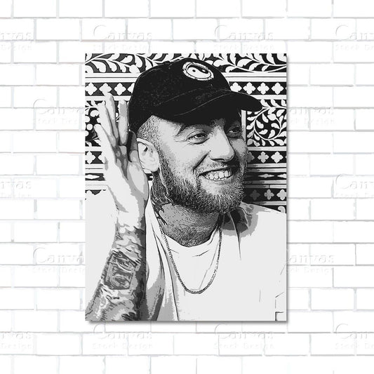 Black and white portrait of a person with tattoos and a cap on a decorative frame against a white brick wall.