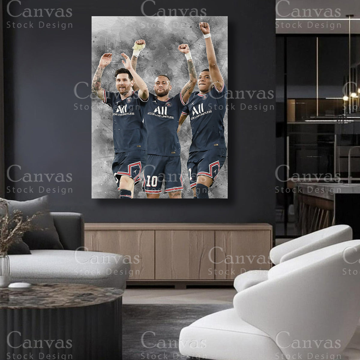 Lionel Messi Neymar Jr and Mbappé Canvas Art for Refined Interiors