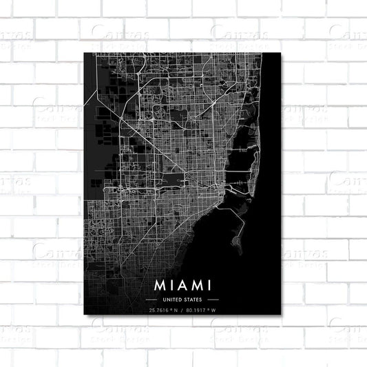 Miami city map canvas wall art – minimalist urban street layout print of Miami, Florida