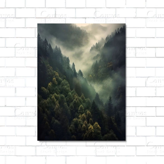 Misty mountainside canvas wall art – foggy mountain and forest landscape print