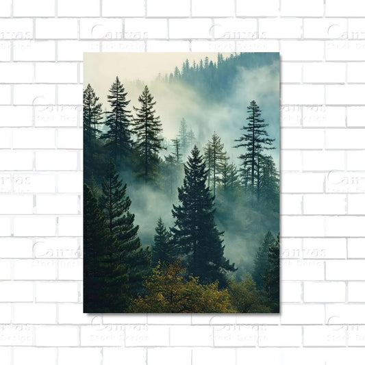 Forest painting with misty trees on a white brick wall background