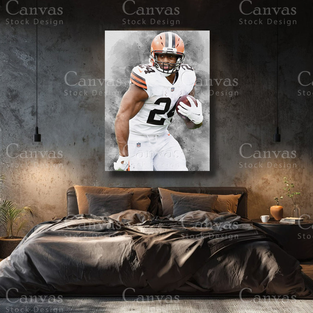 Nick Chubb premium football canvas with black floating frame