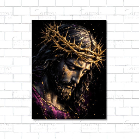 Purple cloth and crown of thorns on cross – Christian canvas wall art symbolizing Jesus' royalty and sacrifice

