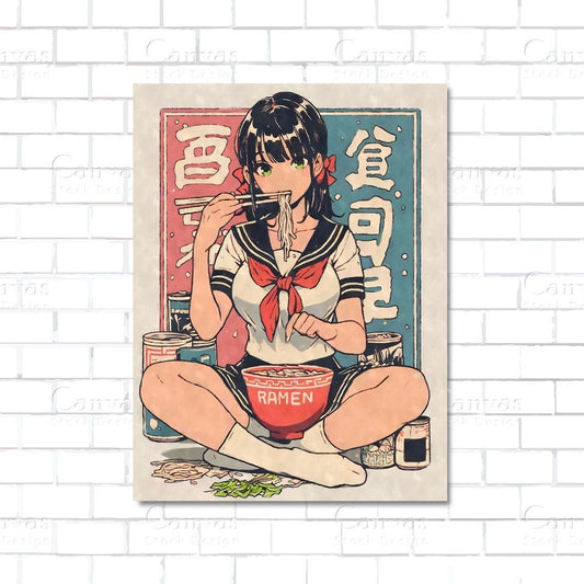Retro anime girl eating ramen – 90s Japanese animation style canvas wall art with cozy food vibes