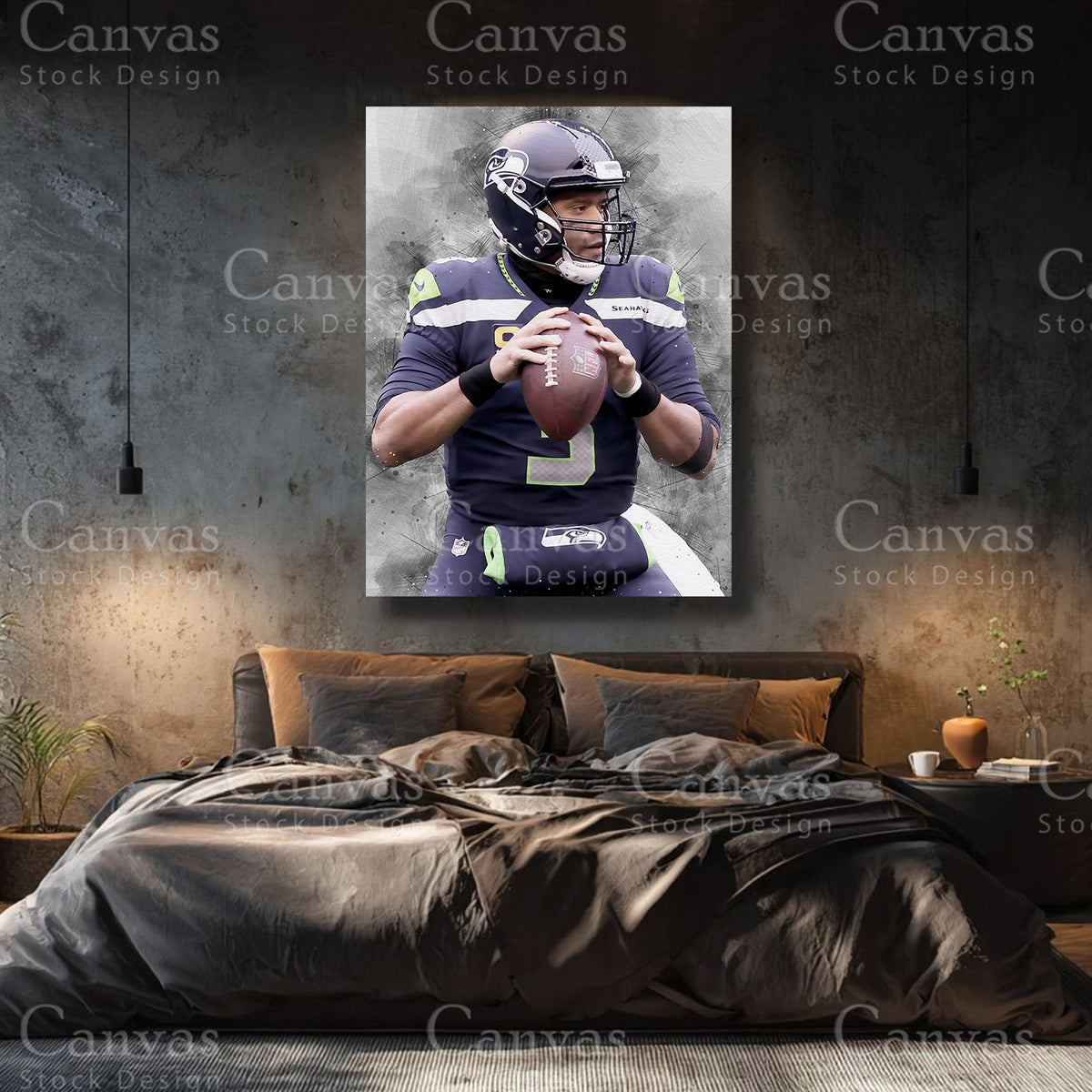 Russell Wilson premium football canvas with black floating frame