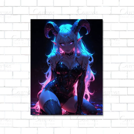Sexy neon succubus anime girl with glowing horns and dark fantasy background – canvas wall art