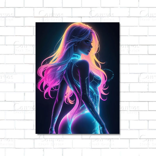 Sensual woman glowing under neon light – modern canvas wall art