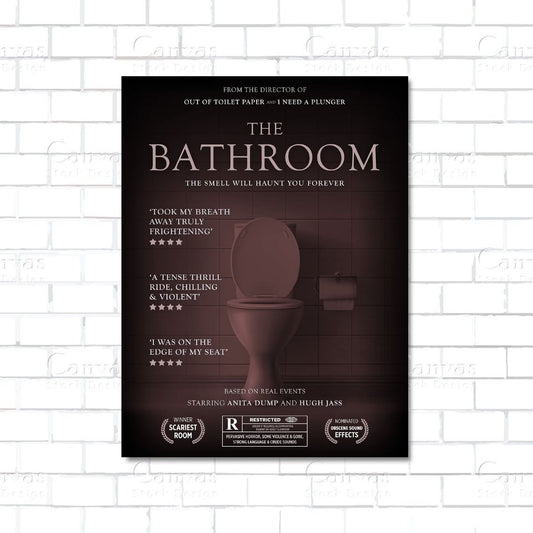 Funny horror bathroom wall art – creepy movie-style parody canvas for humorous toilet decor