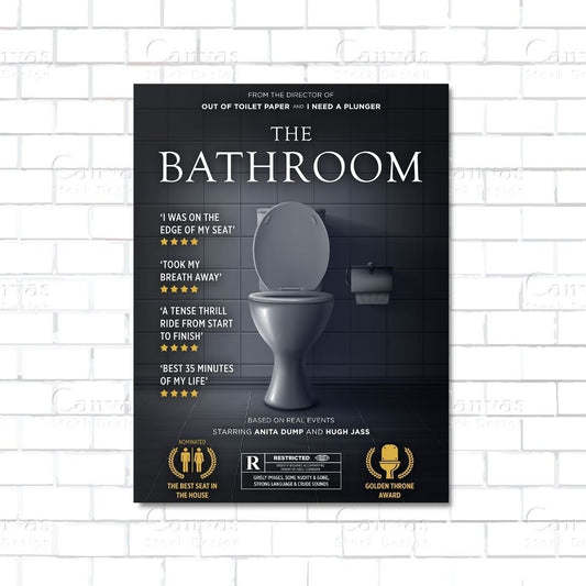 Movie poster for 'The Bathroom' with a toilet image on a white brick wall background