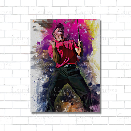 Abstract painting of a person holding a guitar on a white brick wall.
