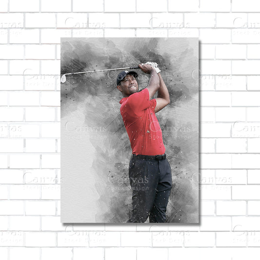 Golf player in red shirt swinging a golf club on a gray background