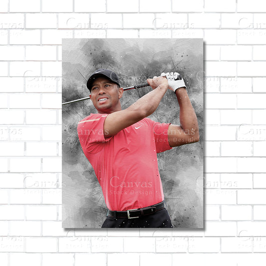 Golf player in a red shirt swinging a golf club on a textured gray background