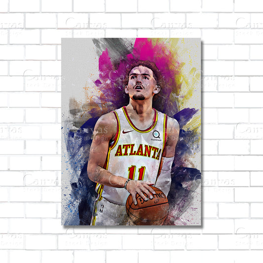 Artistic depiction of a basketball player holding a ball with colorful abstract elements on a white brick wall background.