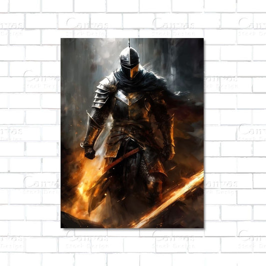 Artistic depiction of a knight in armor on horseback against a dark background