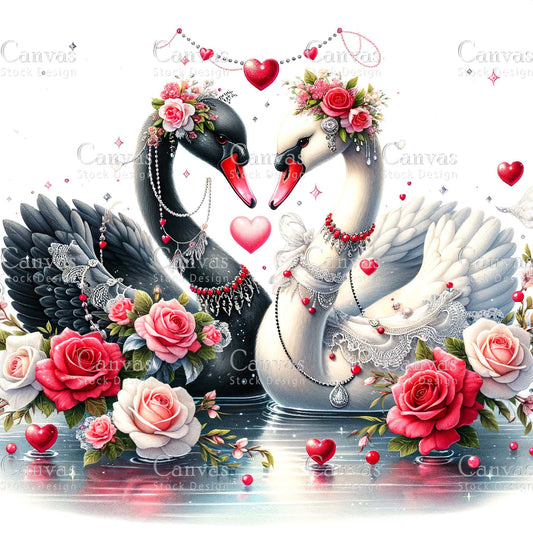 Watercolor animal valentines clipart, White and black swan, Spring clipart, Valentines clipart, Woodland animal, Valentine printable