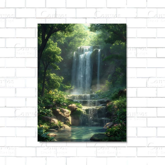 Waterfall in forest nature canvas wall art – tranquil landscape with lush greenery and falling water