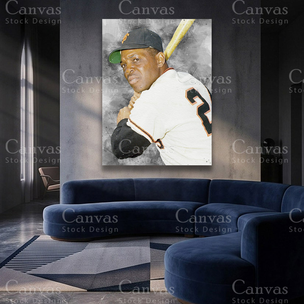 Willie Mays baseball canvas artwork for luxury interiors