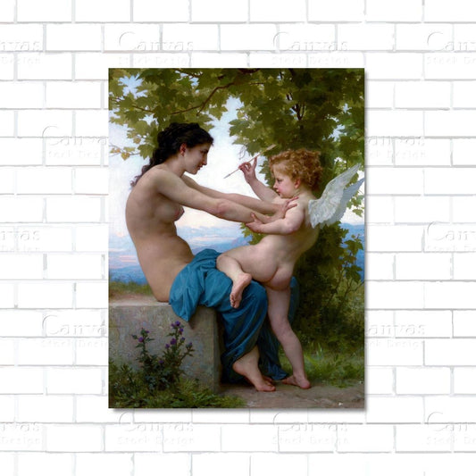 Classical painting of young girl with Eros – romantic mythological canvas wall art

