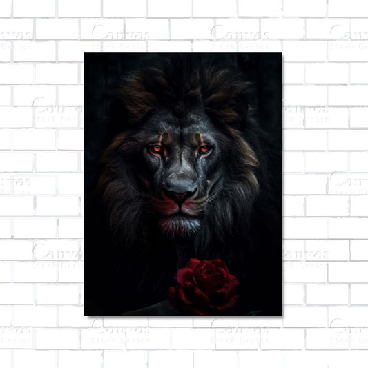Black lion king with rose – powerful gothic canvas art combining royalty and romantic symbolism