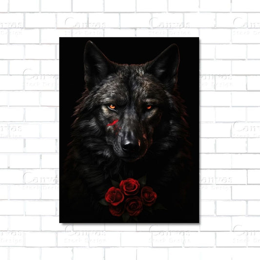 Black wolf with dark red rose – gothic canvas wall art symbolizing wild romance and mystery