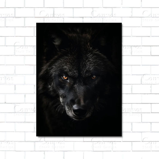 Black wolf with intense stare – powerful animal canvas wall art for strength-themed interiors