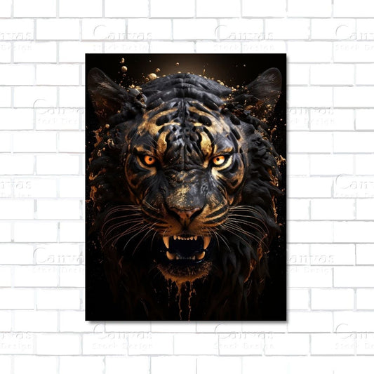 Golden evil tiger in dark shadows – bold canvas wall art for jungle and luxury decor