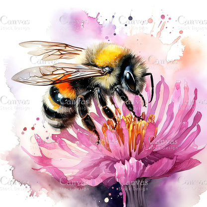 Watercolour Bumble Bee, Spring Clipart, Summer Clipart, Animal Clipart, Watercolor Flowers, Floral Clipart, Flower Clipart