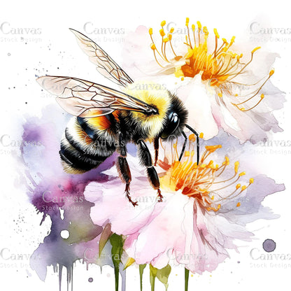 Watercolour Bumble Bee, Spring Clipart, Summer Clipart, Animal Clipart, Watercolor Flowers, Floral Clipart, Flower Clipart