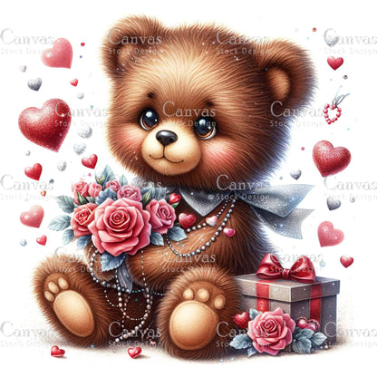 Watercolor teddy bear clipart, Spring clipart, Valentines clipart, Woodland animal clipart, Valentine printable, Valentines crafts