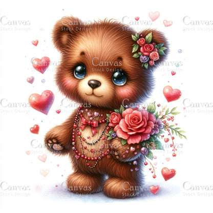 Watercolor teddy bear clipart, Spring clipart, Valentines clipart, Woodland animal clipart, Valentine printable, Valentines crafts