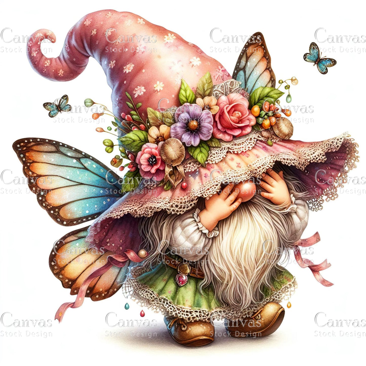 Watercolor Gnome Butterfly Clipart, Spring Clipart, Watercolour Clipart, Elf Clipart, Garden Gnome, Summer Gnome, Fantasy Clipart