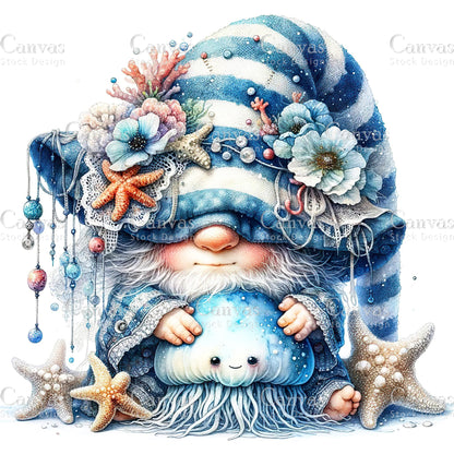 Watercolor Sea Gnome, Funny Gnome, Summer Gnome, Elf Clipart, Spring Clipart, Sea Clipart, Watercolour Clipart, Fantasy Clipart