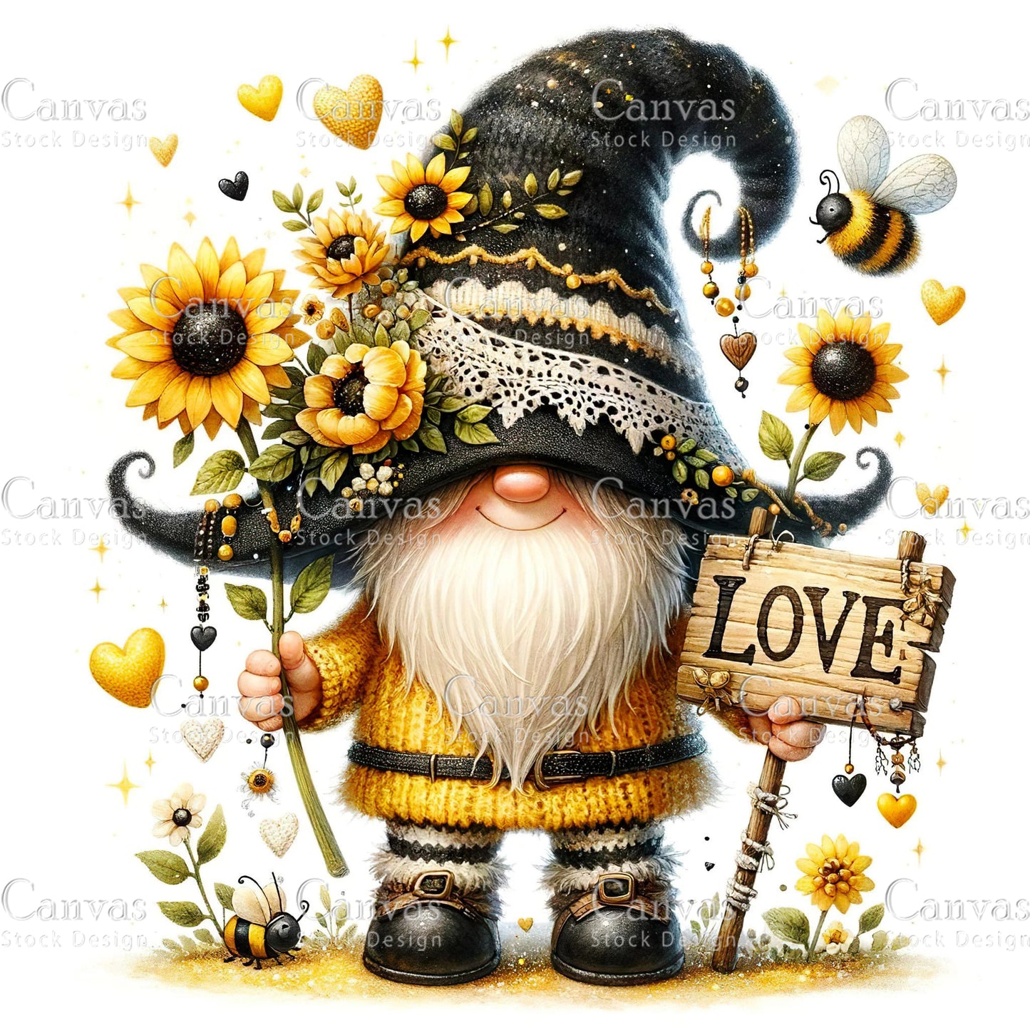 Watercolor Sunflower Gnome, Garden Gnome, Spring Gnome, Summer Gnome, Elf Clipart, Spring Clipart, Fantasy Clipart